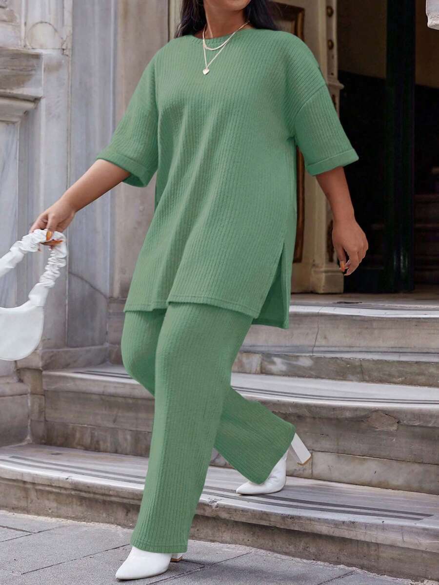 EURMUSE Cotton Plus Size Summer Casual Ribbed Drop Shoulder Top And Straight Pants With Open Slit - Mint Green - View 1
