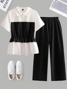 SHEIN Essnce Plus-Size Women's Casual Comfort Suit, Women's Summer Two Pieces Suit, Short Sleeve Suit, Blue Suit,Vacation Two Pieces Set Summer Outfits For Women,Business Casual Woman - Black - View 1