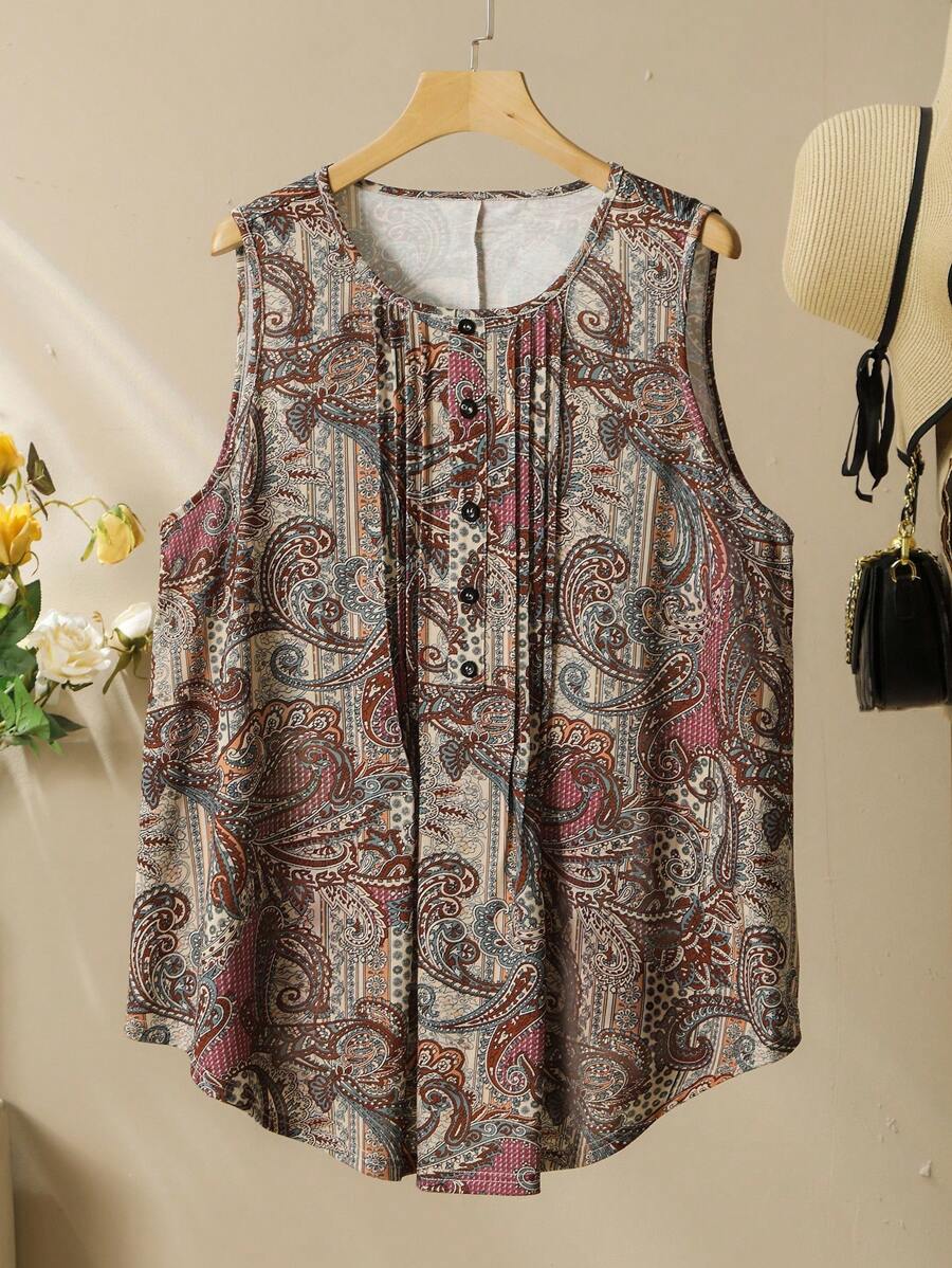 Lacomfia 女式加大码圆领褶皱复古印花弧形下摆休闲百搭背心 - 彩色 - 查看 1