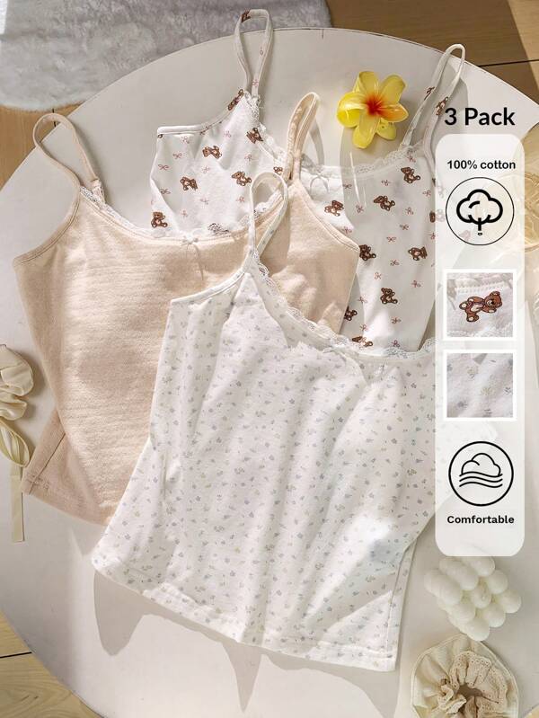CovetEZ 3 Pcs Cotton Women's Casual Cute Floral & Bear Print Contrast Lace  Camisole Top,Summer Outfits For Women