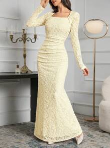 Modelyn Urban elegantes weißes Spitzenkleid mit Passform für Frauen, langes Abendkleid