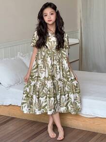 Dazy Kids 少女圆领碎花休闲短袖家居连衣裙，夏季，返校季度假装 - 綠色 - 查看 3