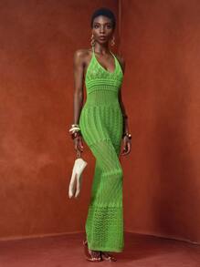 Zivah 2025新款夏季休闲度假沙滩裙日常约会海滩派对挂脖吊带深V领性感包臀裙长裙绿色钩针裙女毛衣裙