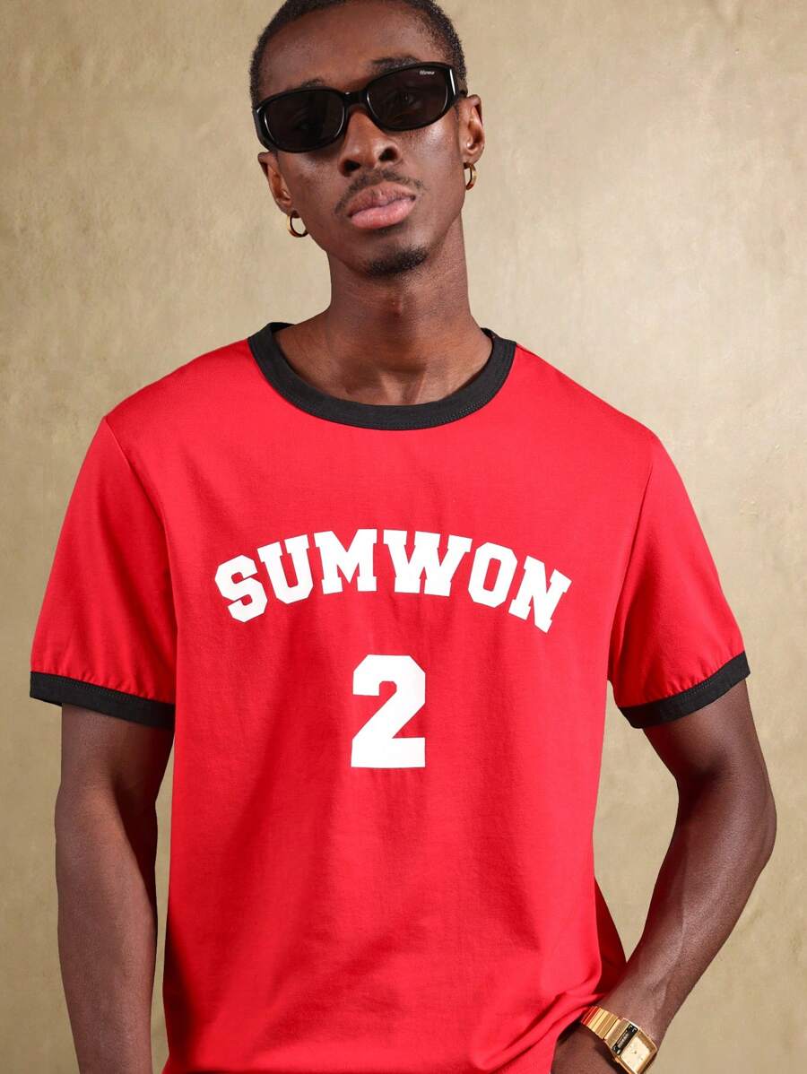 SUMWON قميص قصير الأكمام من القطن بتصميم رقم الفريق الكلاسيكي لفرق الجامعات، بناطيل رياضية نحيلة،ملابس كاجوال للشارع - الأحمر - مشاهدة 1