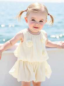 Bộ đồ 2 món áo không tay họa tiết hoa và quần short cho bé gái, mùa hè 2025 - Màu be - Xem 8