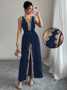 Chiquease 女士V领收腰连衣裙，无袖，优雅 - 藏蓝色 - 查看 3