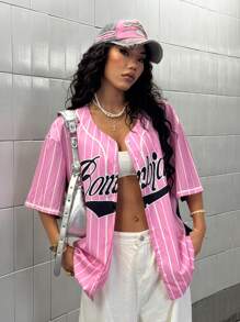 StreetHx Women Street Sporty Print Short Sleeve Shirt, Summer