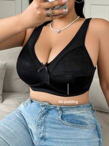 SHEIN Sujetador de encaje con parches y decoración de lazo, unicolor, cómodo para tallas grandes