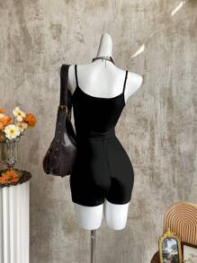 Attitoon Women's Spider Print Tight Unitard Romper With Spaghetti Strap - Black - View 2