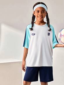 Back To School Outdoor Sports Loose Fit Short Sleeve Shorts Jersey Set, Tween Boy Clothes Children's Round Neck Patchwork Contrast Color Front Funny Letter Print Outdoor Sports Loose Fit Short Sleeve T-Shirt Jersey Set