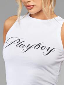 Missguided x Playboy 无袖运动背心短款上衣弹力棉质健身房夏季瑜伽运动服运动衫训练舞蹈工字背心表演服 - 白色 - 查看 5
