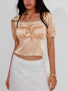 Roylia Elegant Square Neck Puff Sleeve Slim Fit Bowknot Blouse For Women, Summer - Champagne - View 6