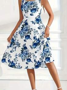 SHEIN VCAY 女式蓝色花卉印花无袖A字连衣裙