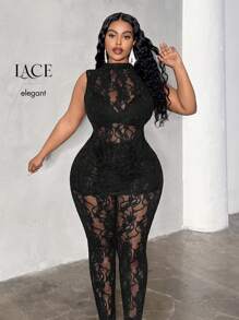 Maweii Plus Size Lace Trim Elegant Black 2 Pieces Set - Black - View 6