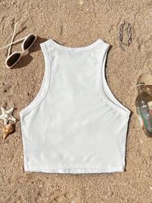 SHEIN Attitoon Áo ba lỗ cổ tròn in họa tiết vỏ sò xanh và hoa dâm bụt cho nữ phong cách thường ngày & nghỉ dưỡng, phù hợp cho mùa hè, nghỉ dưỡng, bãi biển - trắng - Xem 2