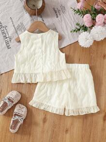 Conjunto de niña bebé de estilo coreano casual, lindo top sin mangas con dobladillo con volantes en tejido jacquard y shorts con dobladillo con volantes en tejido jacquard, para verano - Albaricoque - Ver 2