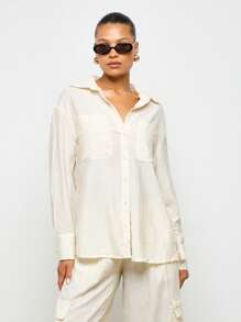 AiiRZ 长袖纽扣衬衫 有领办公室工作商务休闲专业轻便束腰上衣 秋冬工作服 - 米色 - 查看 3