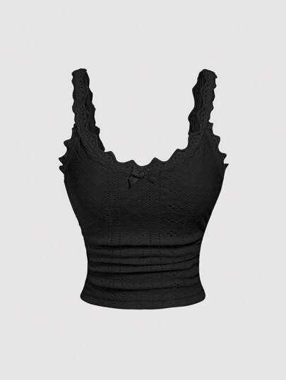 SHEIN MOD Women's Lace Trim Shoulder Strap, Bow Decor At Front Neckline, Shirred Waist, Knitted Butterfly Pattern Top Black