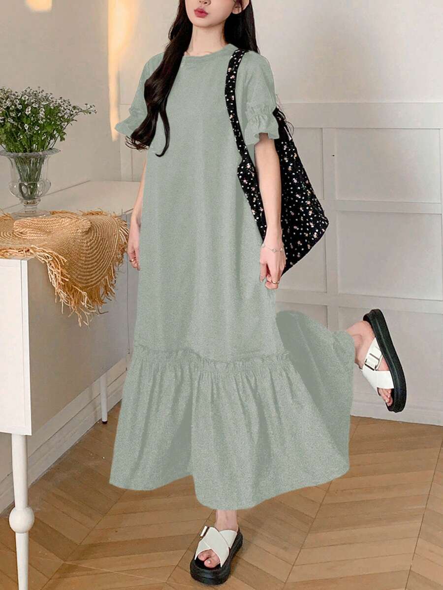 DAZY Đầm dài tay bồng màu trơn dáng suông dành cho nữ, thích hợp cho mùa hè và lễ Phục sinh. - màu xanh lá - Xem 1