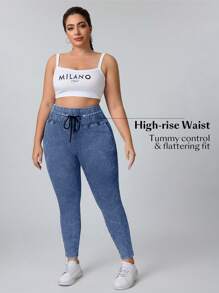 Flexra Plus Size Women's Dark Wash Drawstring Skinny Jeans - Dark Wash - View 3