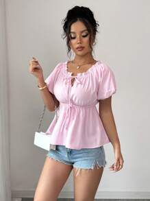SHEIN Clasi 女士时尚泡泡袖收腰衬衫，夏季新品 - 粉色 - 查看 3