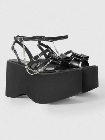 Grunge Punk Women's Sexy Cute Bowknot High Heel Thick Sole Sandals, Y2K Punk Style Metal Chain Strap Comfortable Open Toe Shoes