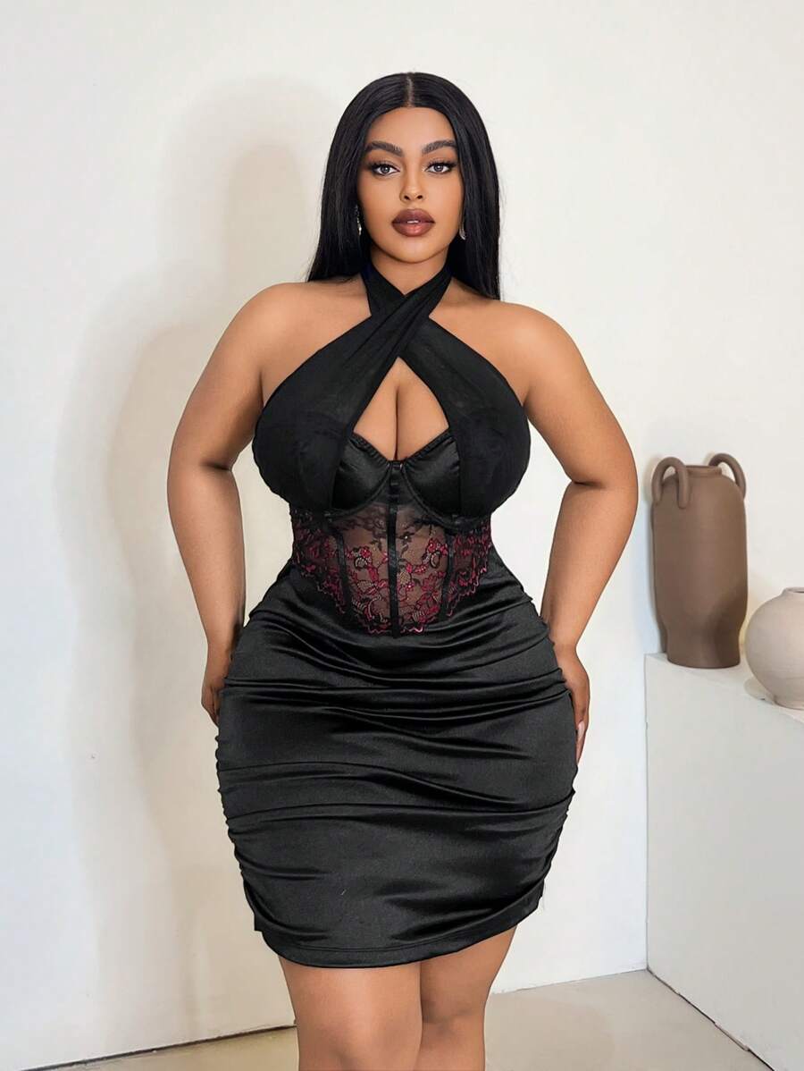 Maweii 大码女式撞色蕾丝荷叶边露背连衣裙 - 黑色 - 查看 1