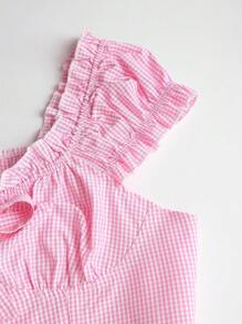 Sweetra Áo sơ mi nữ tay ngắn kẻ caro, viền bèo nhún, cổ nơ, cài cúc phía trước, thích hợp cho mùa xuân, hè và thu. - Hồng - Xem 4
