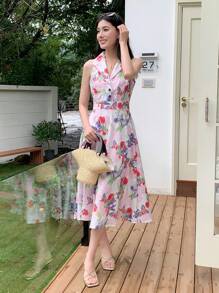 Lyxana Women's Floral Print Waist A-Line Elegant Vintage Casual/Commute Sleeveless Lapel Dress - Multicolor - View 6