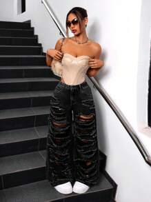 SHEIN ICON 女式简约时尚休闲日常牛仔裤 - 黑色 - 查看 3