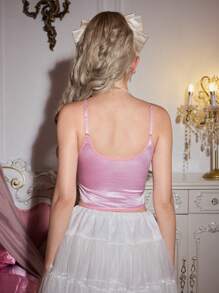 FairyFlirt Graceful Cute Women Satin Bow Detail Lace Patchwork Base Layer Blouse, For Music Festival And Party