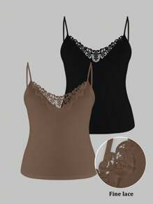 SHEIN LUNE 2pcs/Set Plus Size Lace Patchwork Solid Color Camisole - Multicolor - View 1