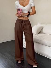 Flirla Pantalones casuales de verano para mujer de unicolor con cintura elástica, cordón y bolsillos