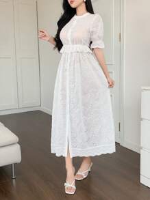 DAZY Bohemian Vintage Hollow-Out Floral Embroidered Collar Tie-Up Long Dress Vacation Dress - White - View 2