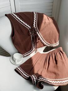 Comfortcana 波西米亚拼色 V 领系带短款开衫和短裤套装，加大码，度假风格 - 棕色 - 查看 8