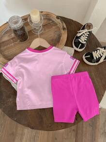 SHEIN Baby Girl Casual Minimalist Graphic Number 25 & Print, College Sport Stylish, Round Neck Short Sleeve T-Shirt And Leggings Set, Suitable For Spring Summer