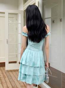 SHEIN LUNE Romantic Vacation Tie-Dye Multi-Layer Ruffle Splice Ladies' Slip Dress - Multicolor - View 2