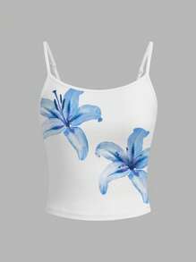 SHEIN EZwear Women Casual Sexy Blue Lily Floral Print Camisole