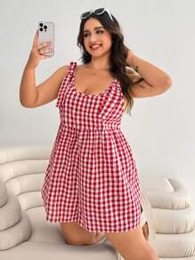 SHEIN EZwear 大码女式夏季格子宽松连体裤 - 紅色 - 查看 2