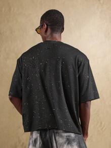 SUMWON Camiseta oversize con estampado de galaxia, diseño cósmico con chispas, apta para usarse en festivales, conciertos y eventos, con patrón celestial, uso unisex - Negro - Ver 3