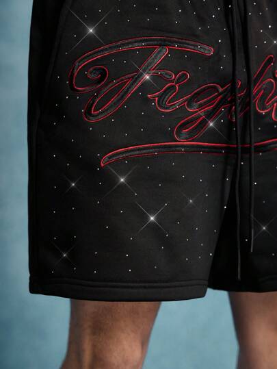 Street Life Men's Drawstring Waist Pockets Embroidered Diamond Sparkling Shorts