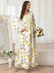 Al Najma 女士春夏浪漫花卉印花保守优雅迷人时尚阿拉伯连衣裙，端庄 - 彩色 - 查看 5