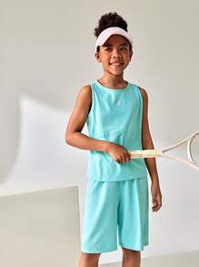 JNSQ Back To School Tween Girl Outdoor Sports Vest & Shorts Set, Children Round Neck 4-Needle 6-Thread Boneless Stitching Embroidered Vest & Shorts Set - Blue - View 4