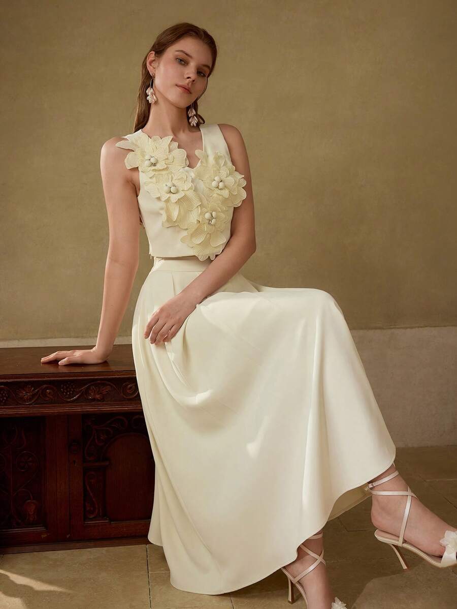 MOTF PREMIUM APPLIQUES WAISTCOAT & FOLD PLEATED SKIRT OUTFIT - Apricot - View 1