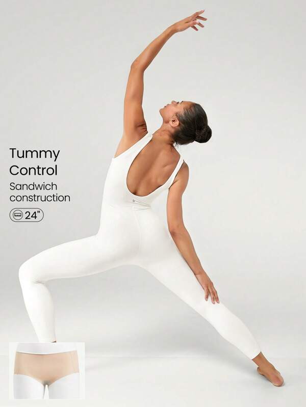 GLOWMODE 24" FeatherFit™ Tummy Control U-Back Jumpsuit With Built-In Shorts White Gym Sports Summer Elegant Women