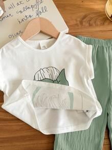 SHEIN LMoss Kids Babygirl 夏季可爱女孩印花上衣和松紧腰蓝色裤子两件套服装 - 綠色 - 查看 6
