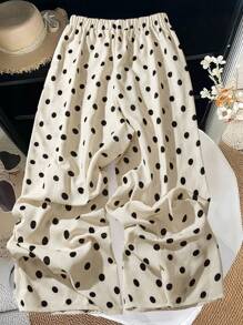 SHEIN LUNE Pantalones informales de talla grande de pierna ancha con estampado de lunares negros y cordón en la cintura - Albaricoque - Ver 2