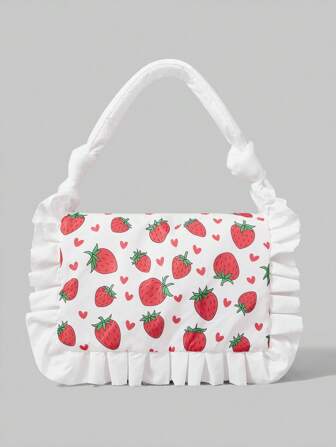 Kawaii Cute Strawberry Pattern Lace Decor Large Capacity Portable Pillow Handbag, Women Shoulder Bag