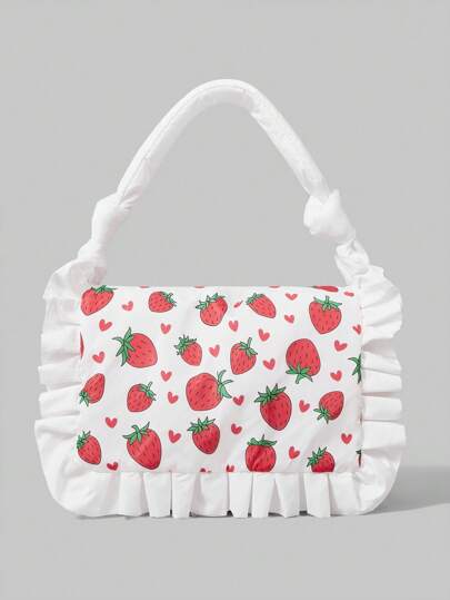 Kawaii Cute Strawberry Pattern Lace Decor Large Capacity Portable Pillow Handbag, Women Shoulder Bag, White