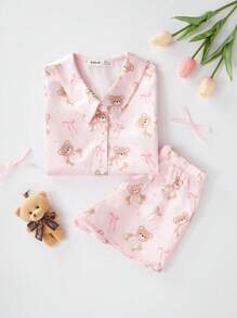 مجموعتان من القمصان قصيرة الأكمام والشورتات المطبوعة بنقوش الدب الصغير لملابس المنزل الكاجوال للأطفال الصغار، جديد